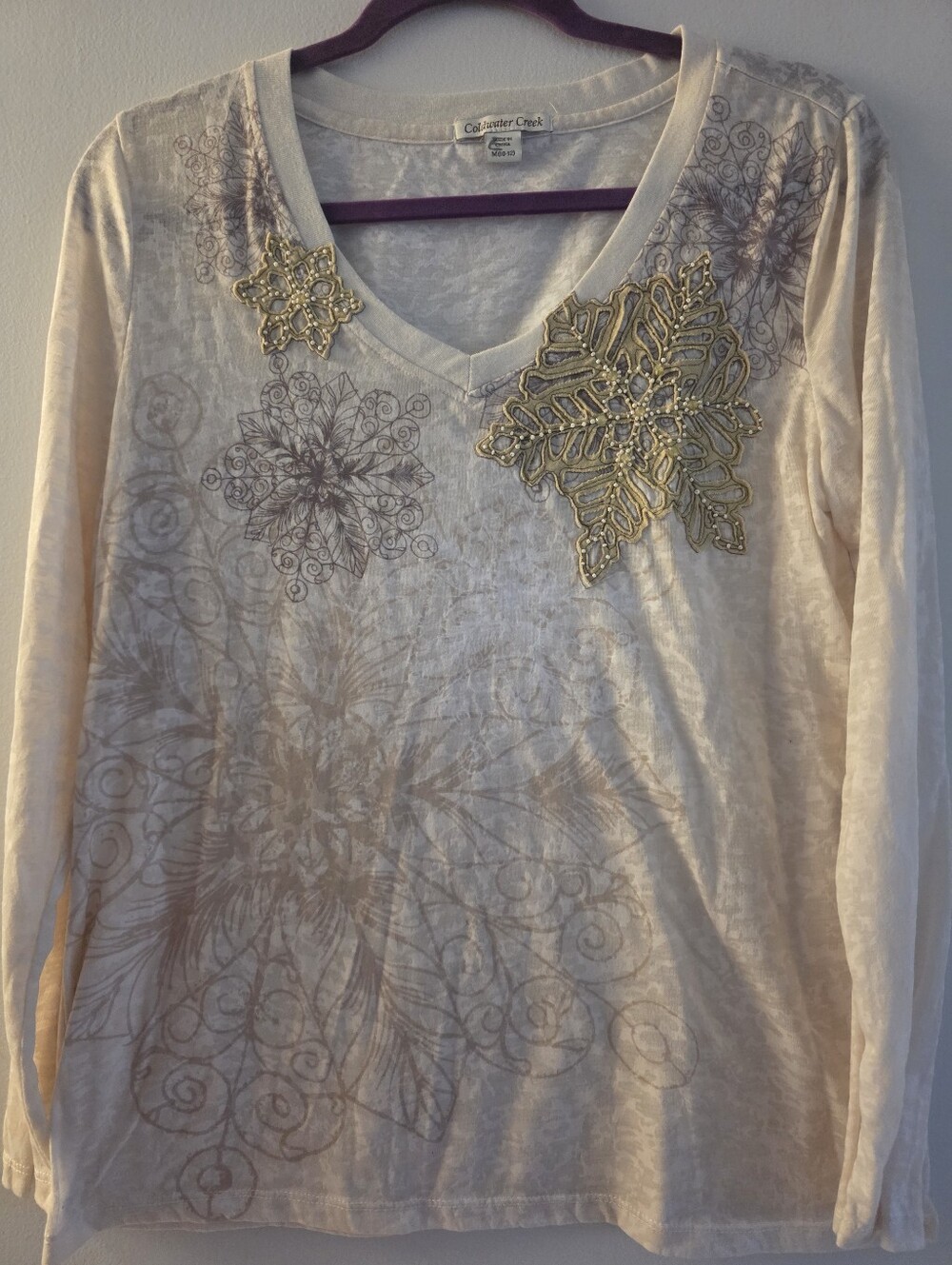 Coldwater Creek Cream Long-Sleeve V-Neck Top with Gold Embellishments